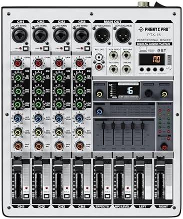 Professional Audio Mixer, Phenyx Pro Sound Console w/USB Audio Interface, 4-Channel Sound board DJ Mixer w/Stereo Equalizer, 16 DSP Effects, suitable for Stage, Live Gigs, and Karaoke (PTX