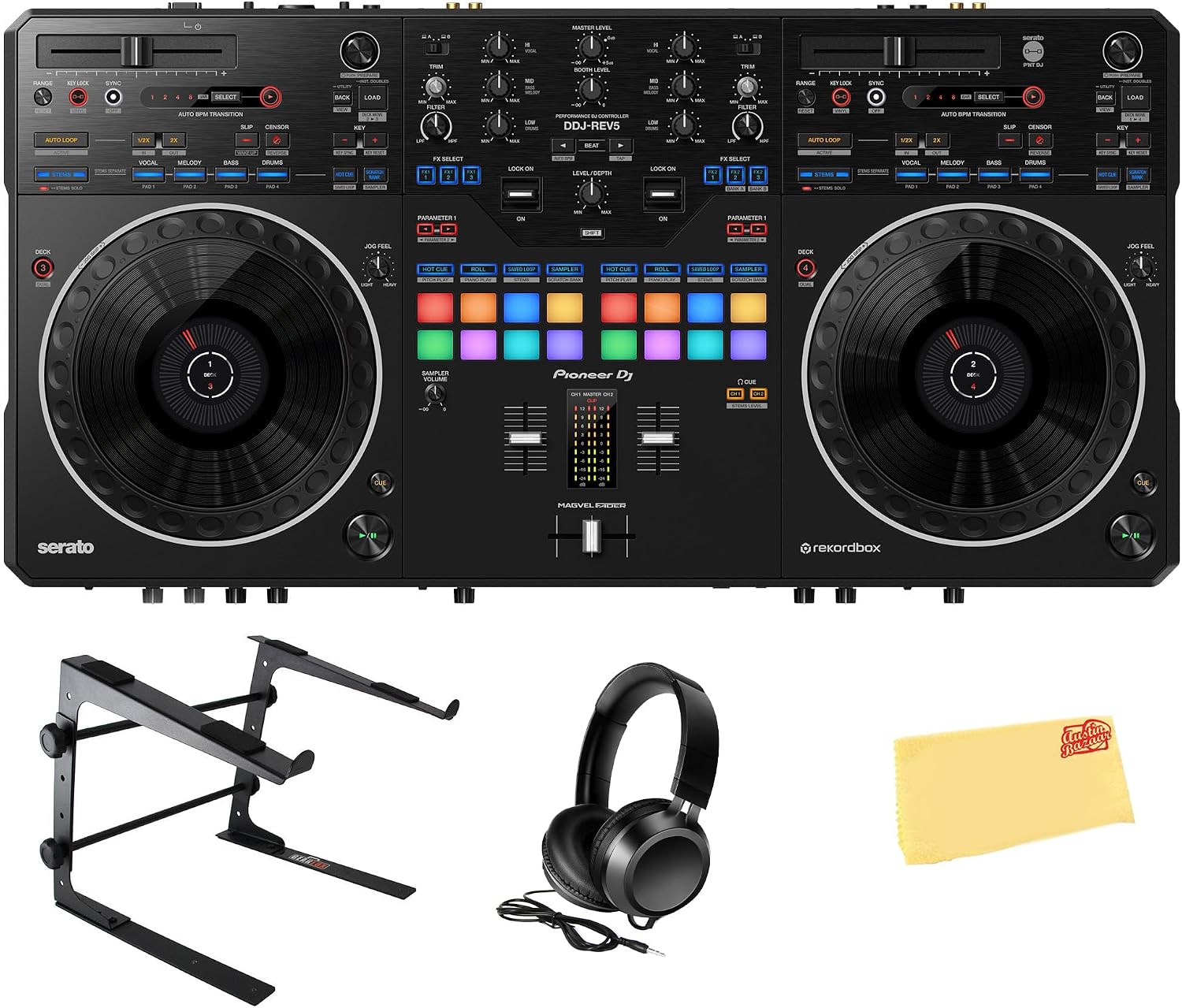 Pioneer DJ DDJ-REV5 Scratch-Style 2-Channel Professional DJ Controller Bundle with Laptop Stand, Headphones, and Austin Bazaar Polishing Cloth
