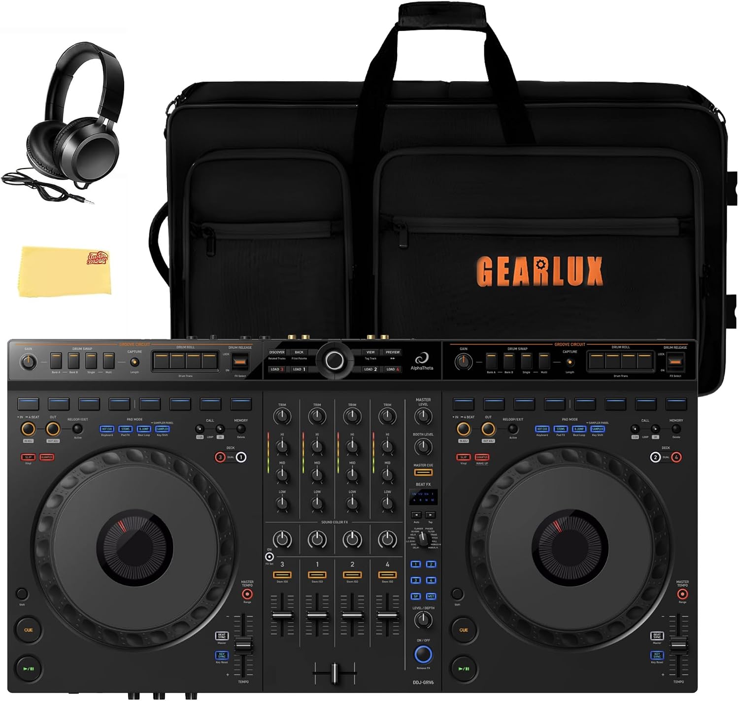 Pioneer DJ AlphaTheta DDJ-GRV6 4-Channel Performance DJ Controller Bundle with Case, Headphones, and Austin Bazaar Polishing Cloth